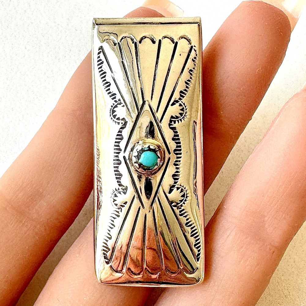 Navajo‎ Concho Turquoise Money Clip Silver 2in Mens Gift Handmade Shirley Skeets